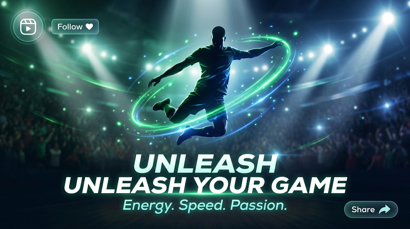 Dynamisches Sport-Highlight mit generischem Athleten in Bewegung, Spotlight-Licht, Glow-Effekten, Stadionstimmung und trendiger Social-Media-Optik für TikTok und Instagram.