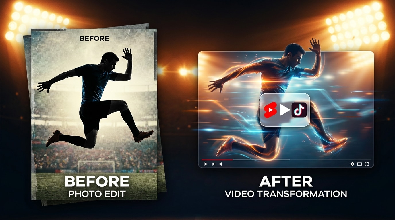 Sportszene im Foto-zu-Video-Look mit generischem Athleten, Bewegungsunschärfe, Lichtspuren, dynamischer Verwandlung und moderner Highlight-Ästhetik für Reels und Shorts.