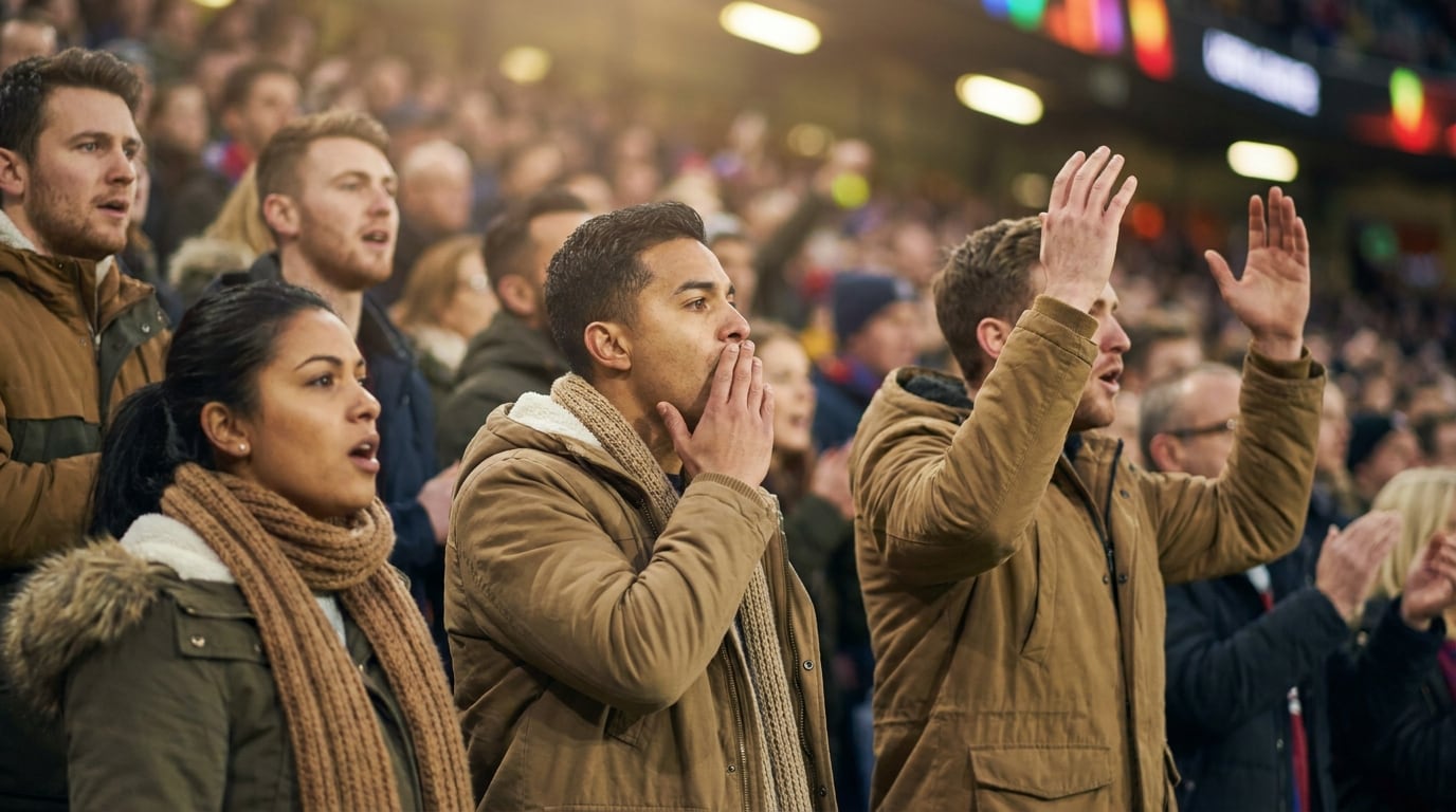 Stilvolle Fanmomente im Stadion mit fokussierter Fan-Reaktion, atmosphärischem Licht, emotionaler Crowd-Stimmung und moderner Sports-Ästhetik für Social-Media-Edits.