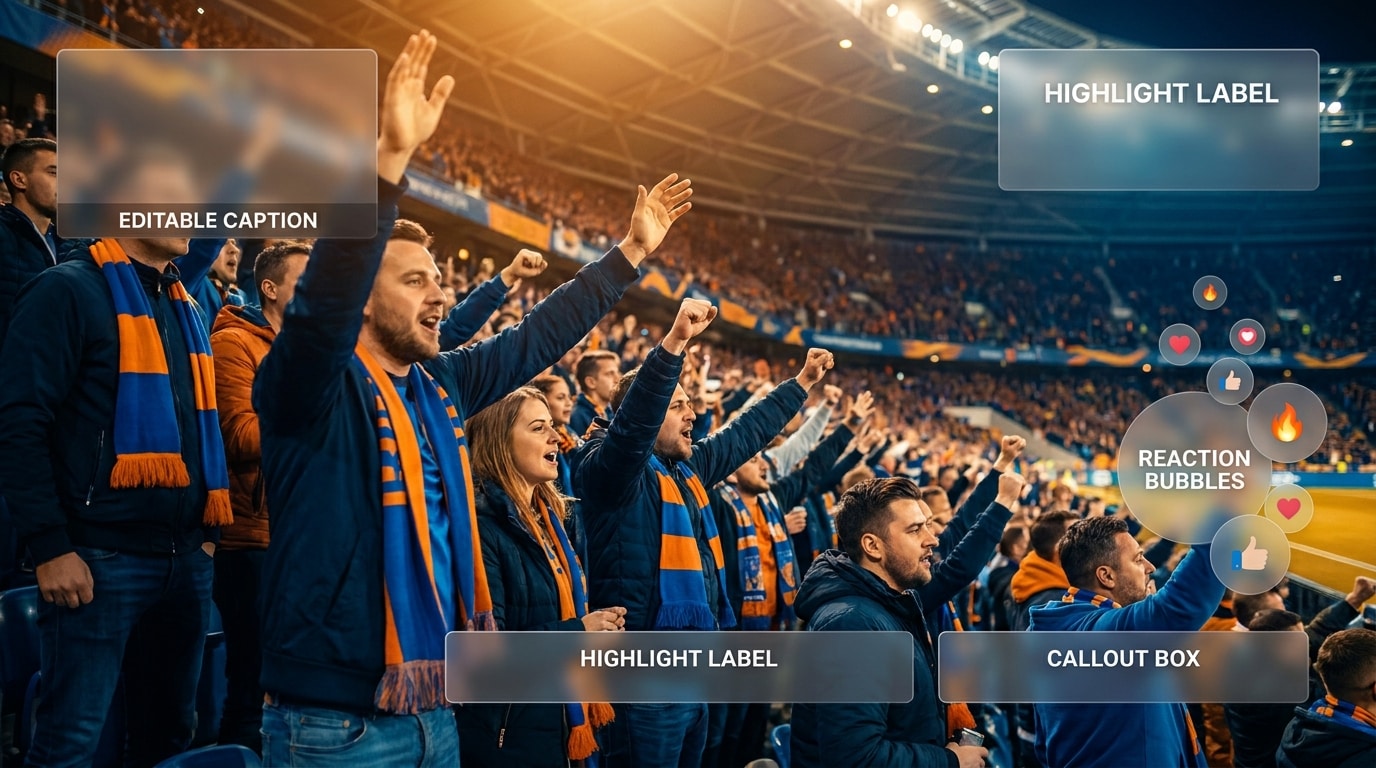 Stilvolle Fanmomente mit Caption-Overlays, Reaction-Bubbles und moderner Sports-Text-Optik für auffällige Crowd-Edits und Social-Posts.