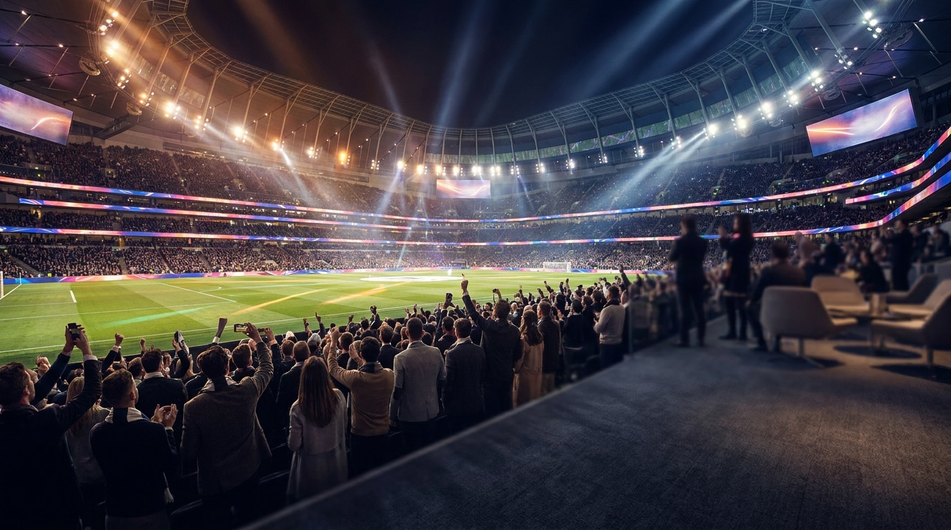 Stilvolle Stadion-Glamour-Szene mit Crowd-Spotlight, Flutlicht, moderner Arena-Atmosphäre und trendiger Matchday-Optik für TikTok und Instagram.