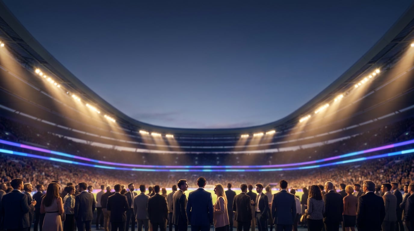 Stadion-Glamour-Hintergrund mit Matchday-Stimmung, Spotlight-Effekten, Arena-Licht und留白区域，适合叠加标题与社媒文案。