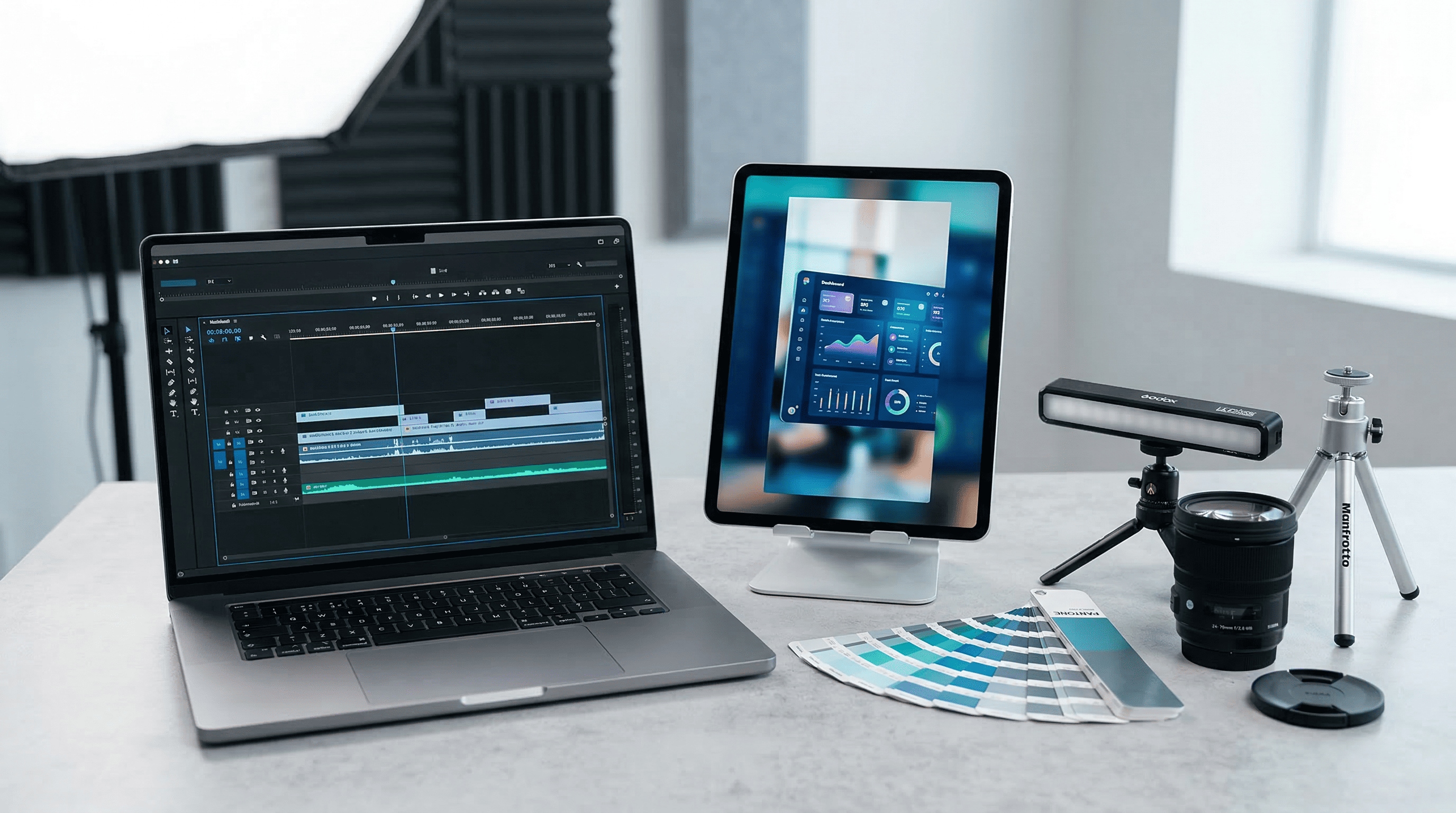 Fotostudio-Tabletop mit Laptop-Editor-Timeline, Tablet-Vorschau eines SaaS-Ads, Mini-Stativ, LED-Licht, Farbkarten, premium Tech-Look, viel Leerraum für TikTok Instagram und YouTube Shorts bereit