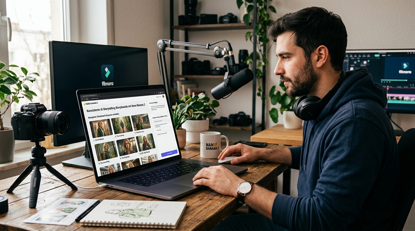 Content Creator arbeitet am Laptop mit Storyboard-Ansicht, plant KI-Storytelling-Projekt, Kamera und Mikrofon im Studio, kreative Video- und Contentproduktion.