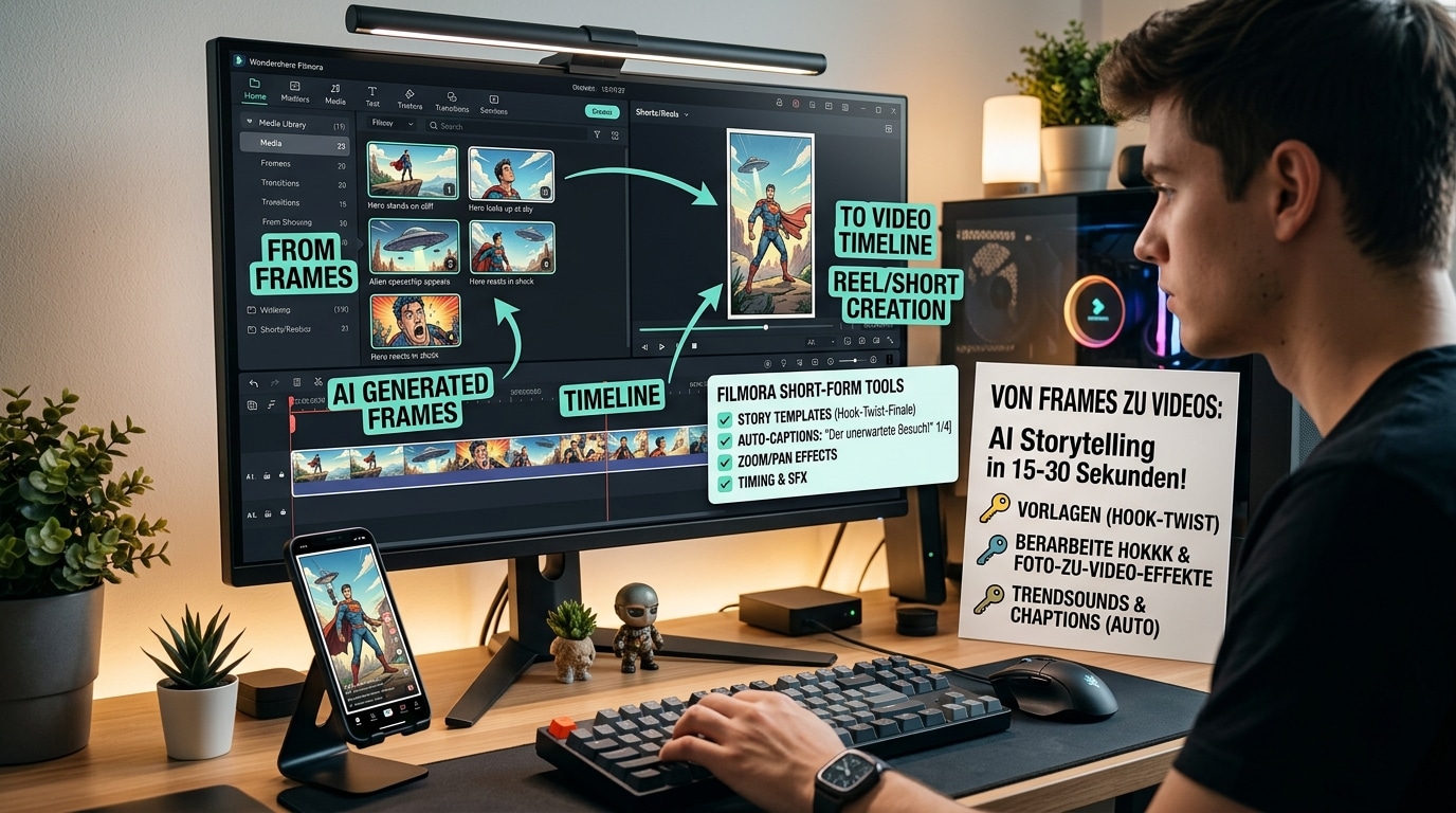 Mann bearbeitet KI-generierte Frames am Monitor, wandelt Bilder in Video-Timeline um, nutzt Templates, Effekte und Storytelling-Tools für kurze Clips.