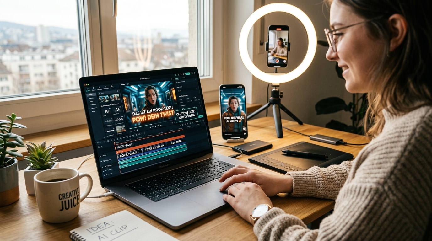 Frau erstellt Short-Video am Laptop mit Hook-Text und Captions, Smartphone und Ringlicht daneben, Content-Produktion für Social Media im Home-Setup.