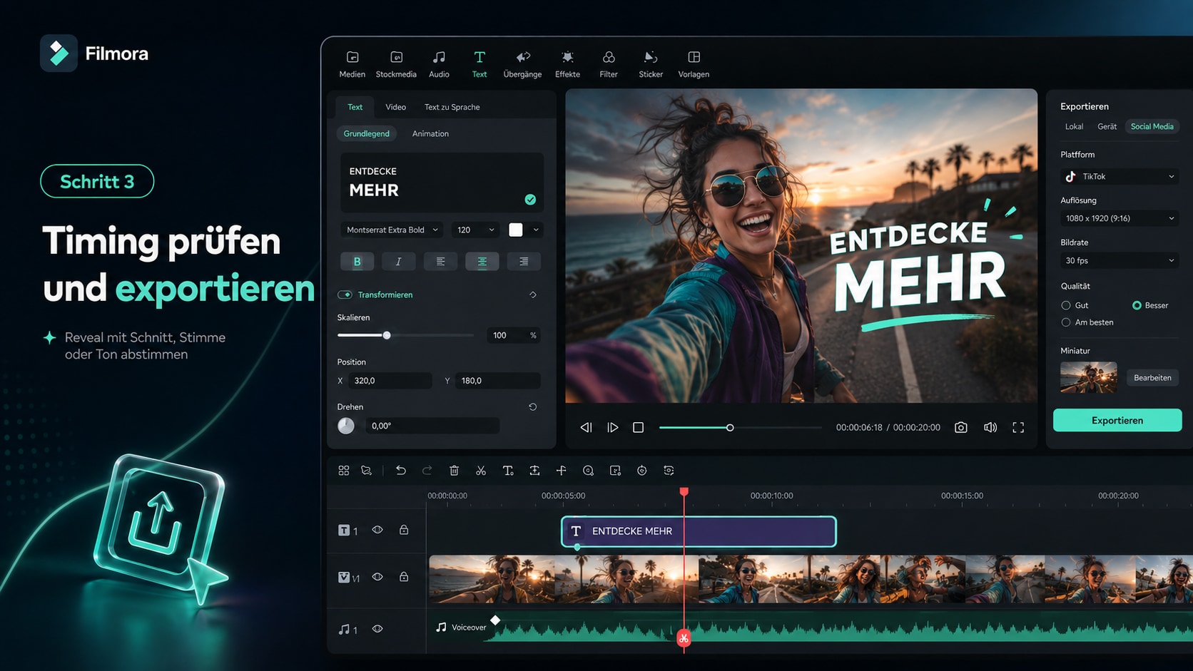 Text Intro Animation in Filmora prüfen und für Social Media exportieren.