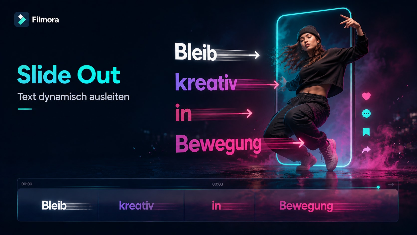 Kinetische Typografie gleitet gestaffelt aus einem vertikalen Social-Media-Video heraus.