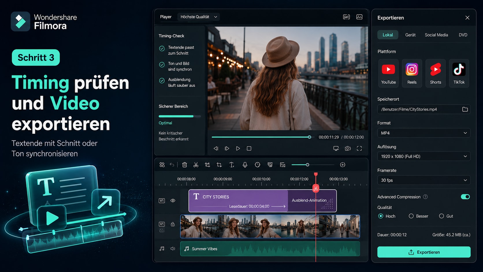 Text Outro Animation in Filmora prüfen und für Social Media exportieren.