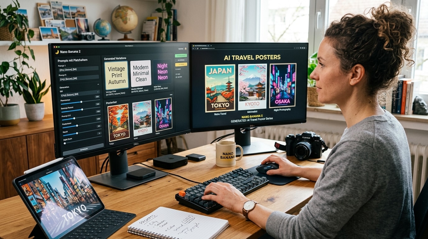 Arbeitsplatz mit großem Monitor zeigt KI-generierte Reiseposter wie Lissabon, Island und Tokio, kreative Gestaltung mit Kamera und urbaner Hintergrundszene.