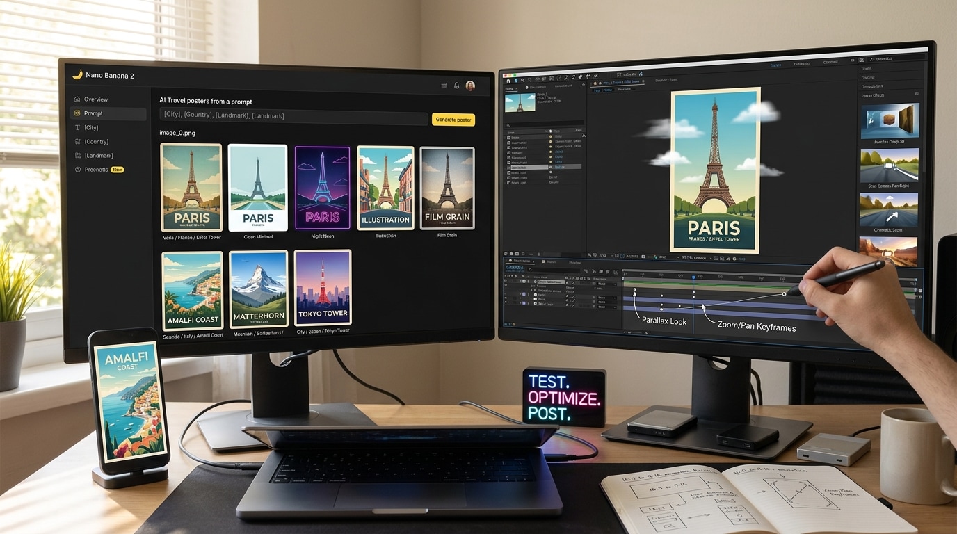 Doppelte Monitore zeigen Erstellung und Animation von Reisepostern, verschiedene Stilvarianten, Parallax-Effekte und Optimierung für Social-Media-Content und Marketingkampagnen.