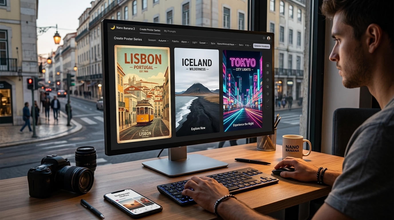 Frau arbeitet am Schreibtisch mit mehreren Displays, erstellt KI-Reiseplakate mit verschiedenen Designstilen und Varianten, unterstützt durch kreative Tools und Referenzbilder.