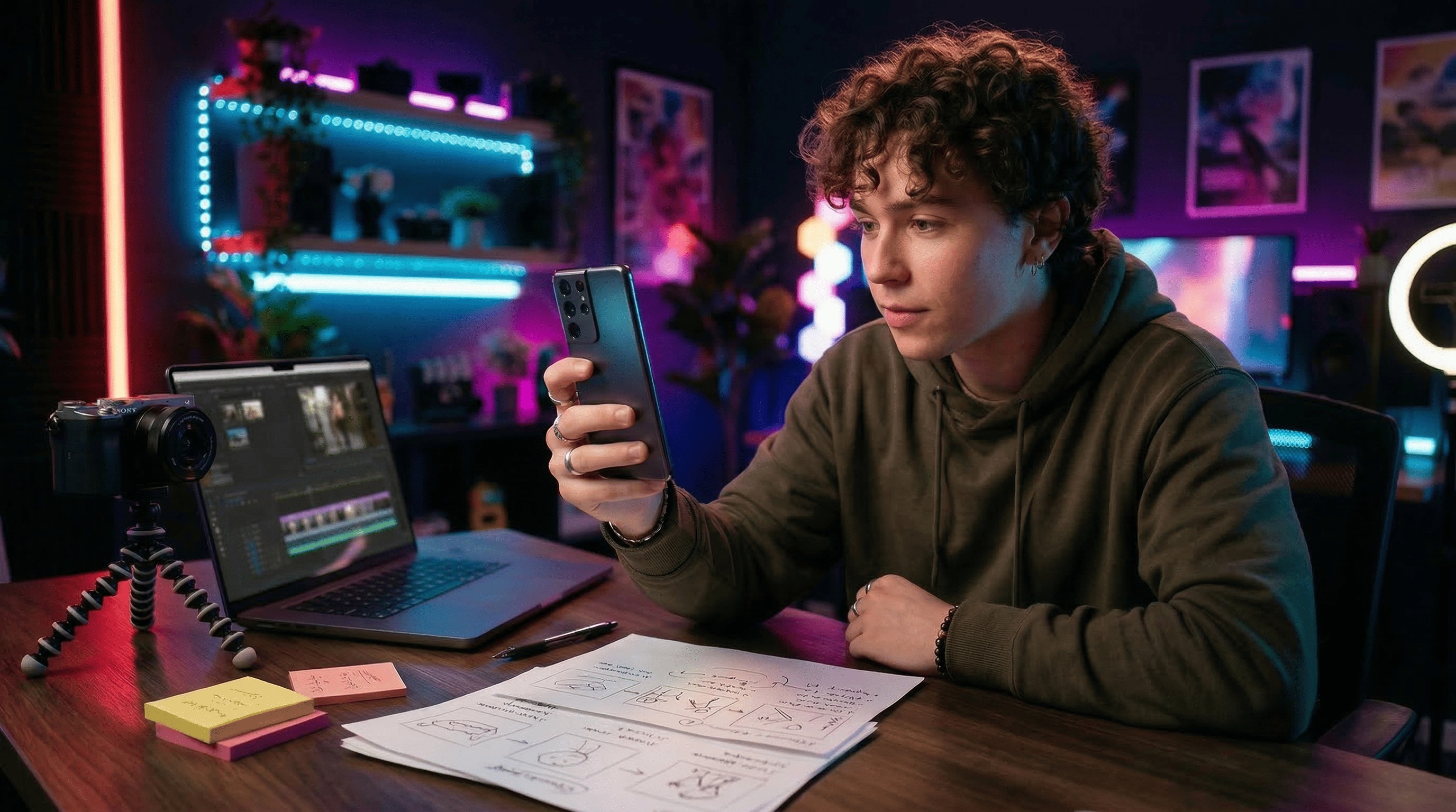Creator am Neon-Schreibtisch hält Smartphone zum Selbstblick bei Nacht; generische Short-Video-Oberfläche, Prompt-Karten, Storyboard und Laptop, virale Trend-Stimmung mit Bokeh-Lichtern realistisch.