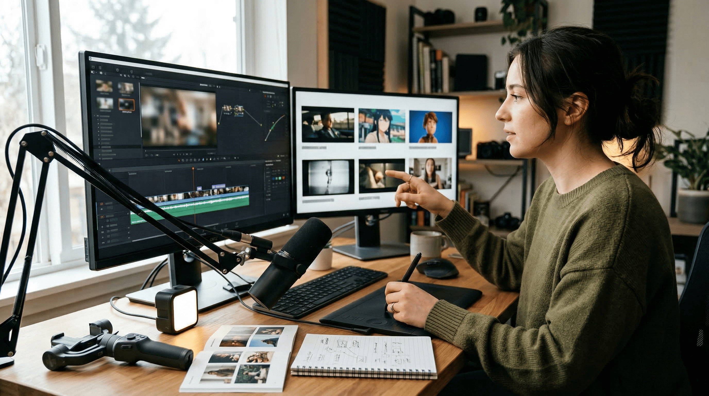 Creator im Tageslicht-Studio arbeitet an Dual-Monitor-Setup; generisches Color-Grading, Stil-Referenzen, Gimbal, Mikrofon und Notizbuch mit Prompt-Skizzen für Reels und Shorts professionell.