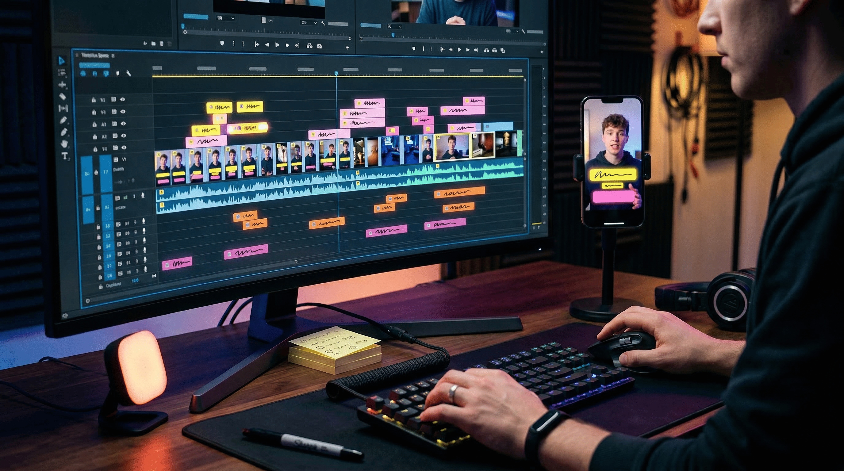 Makroaufnahme einer Editing-Timeline mit Audio-Wellenformen und farbigen Caption-Layern; Hände am Keyboard, Smartphone-Preview, Kopfhörer, RGB-Licht, Creator-Workflow ohne Logos für virale Kurzvideos.