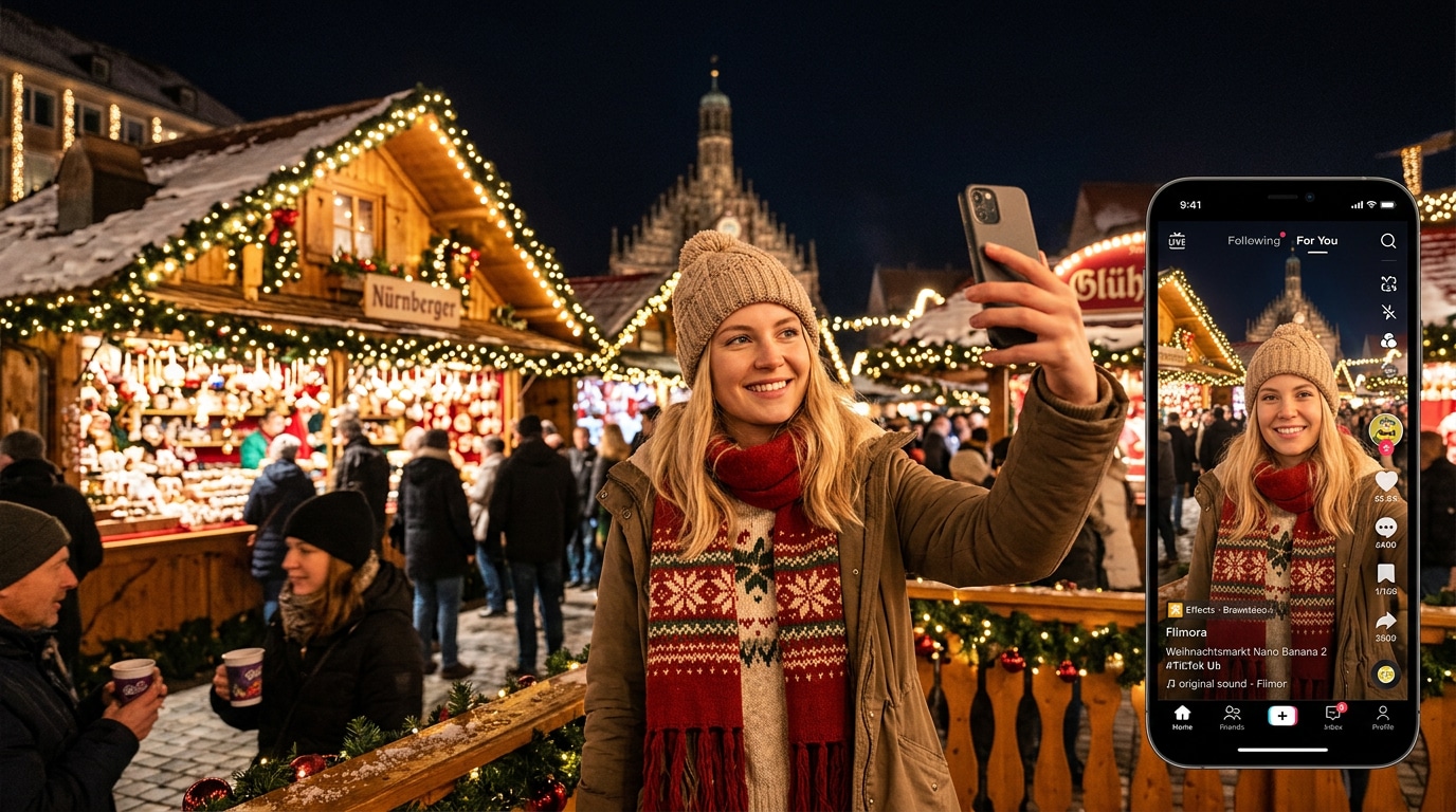 Frau macht Selfie auf festlichem Weihnachtsmarkt, beleuchtete Buden und Dekorationen im Hintergrund, TikTok-Interface zeigt fertigen Social-Media-Content im Hochformat.