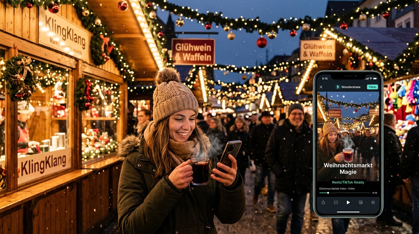 Frau steht auf Weihnachtsmarkt, trinkt Glühwein und filmt Content mit Smartphone, bunte Lichter, Stände und Social-Media-Videoanzeige im Fokus.