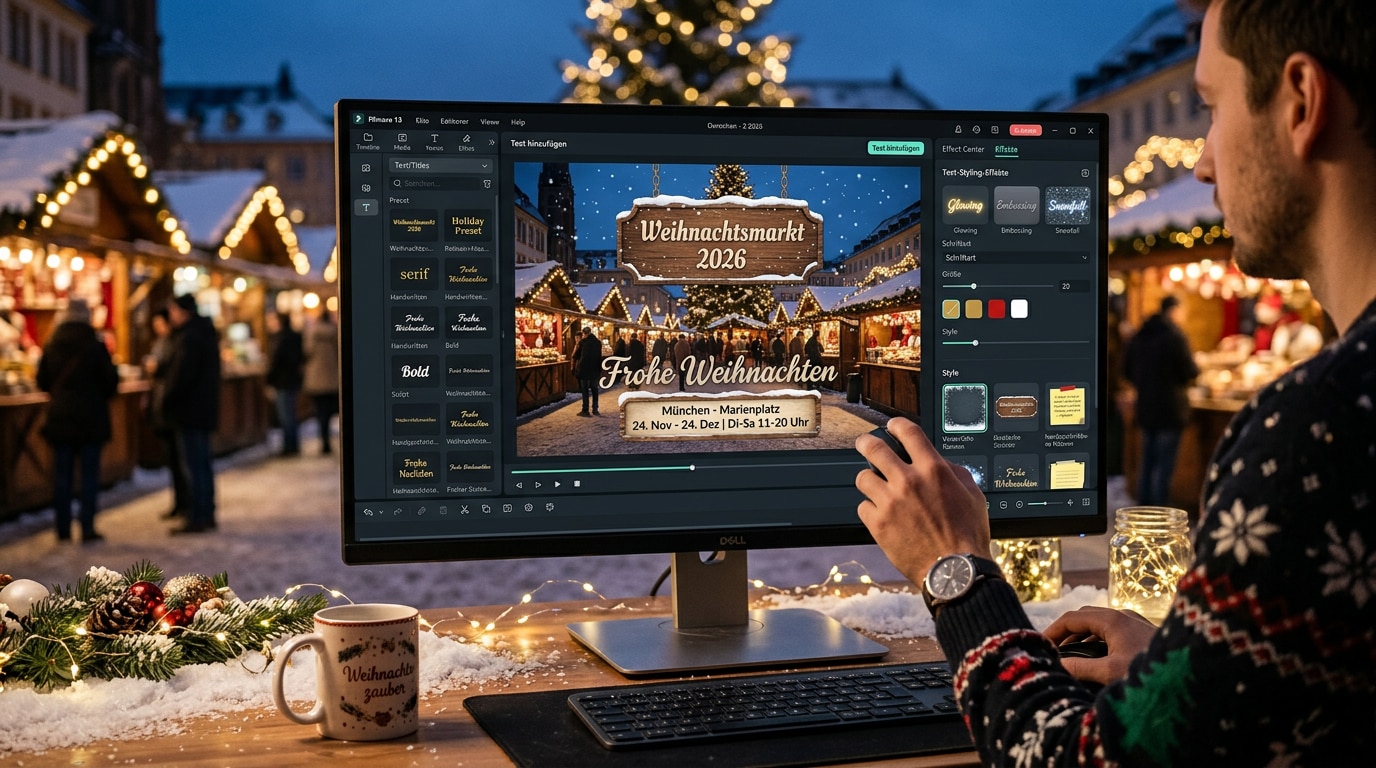 Person bearbeitet Weihnachtsmarkt-Video am Monitor, fügt Text, Titel und Effekte hinzu, festliche Lichter, Schnee und warme Winteratmosphäre im Hintergrund.