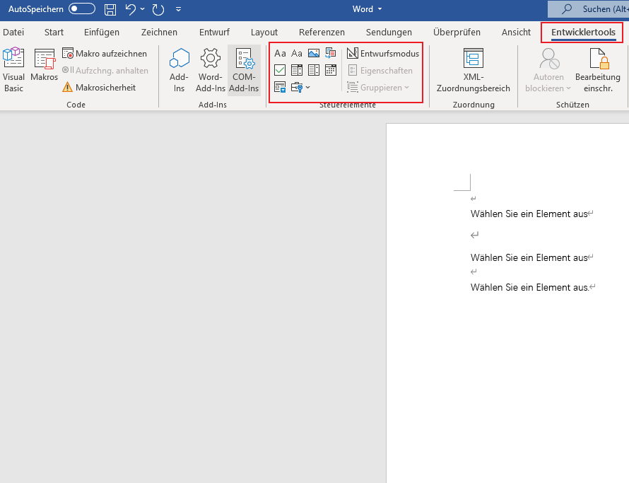 Öffnen Sie ein Word-Dokument und Sie können das Word-Dokument ausfüllbar machen. Gehen Sie auf die Registerkarte „Entwicklertools“ und dann auf „Entwurfmodus“. Anschließend können Sie die gewünschten Steuerelemente einfügen. Es könnte sich um ein Textsteuerelement handeln, in das Benutzer Texte eingeben, eine Kombinations- oder Dropdown-Liste, eine Datumsauswahl oder ein Kontrollkästchen einfügen können.