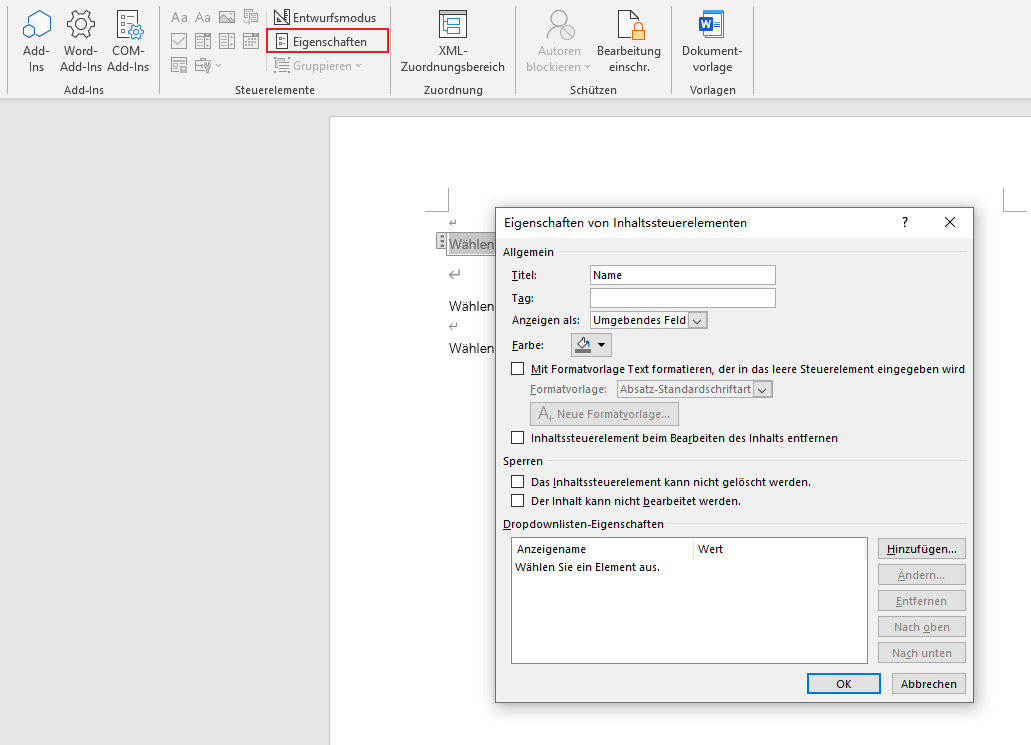 Legen Sie „Eigenschaften“ fest oder ändern Sie sie in „Eigenschaften von Inhaltssteuerelementen“. Hier können Sie Titel und Tags hinzufügen oder die Farbe ändern.