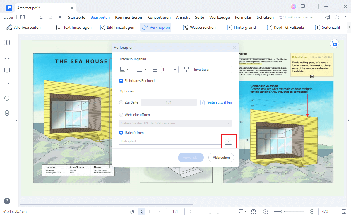 Wählen Sie im sich öffnenden Dialogfenster „Verknüpfen“ die Option „Datei öffnen“ und klicken Sie auf „…“, um die PDF-Datei auf Ihrem Computer auszuwählen. Sie können auch mehrere Attribute des Links steuern, wie z. B. die Art des anzuzeigenden Links, seinen Stil, seine Farbe usw. Wenn Sie fertig sind, klicken Sie bitte auf die Schaltfläche "Anwenden".