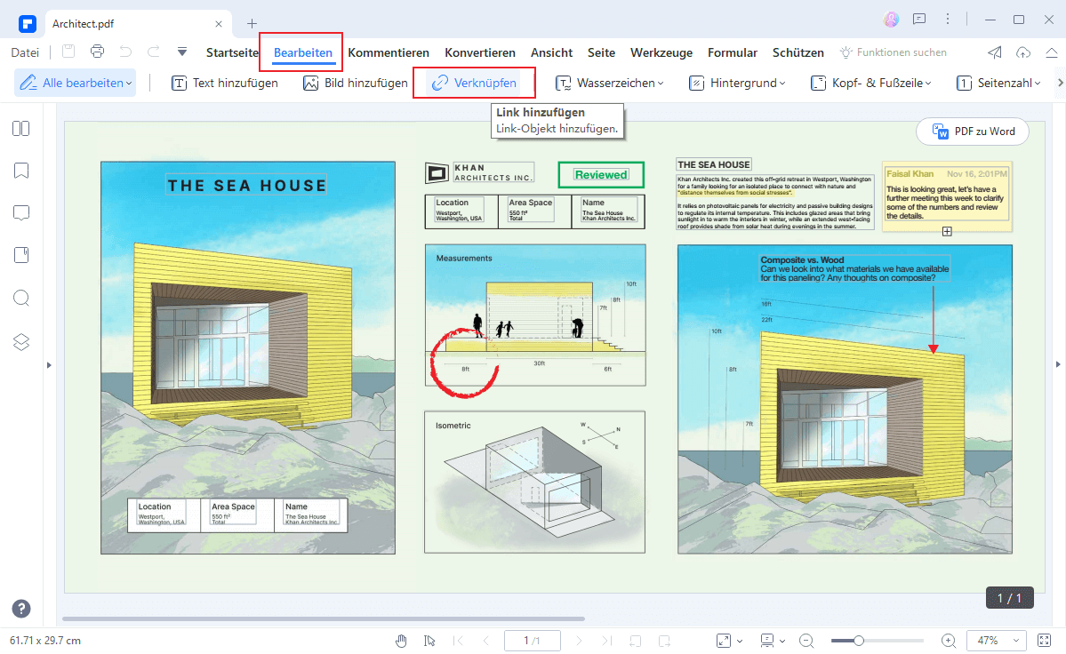 Gehen Sie oben auf die Registerkarte "Bearbeiten" und klicken Sie auf das Symbol/den Text "Verknüpfen" in der Symbolleiste, die Sie darunter sehen.