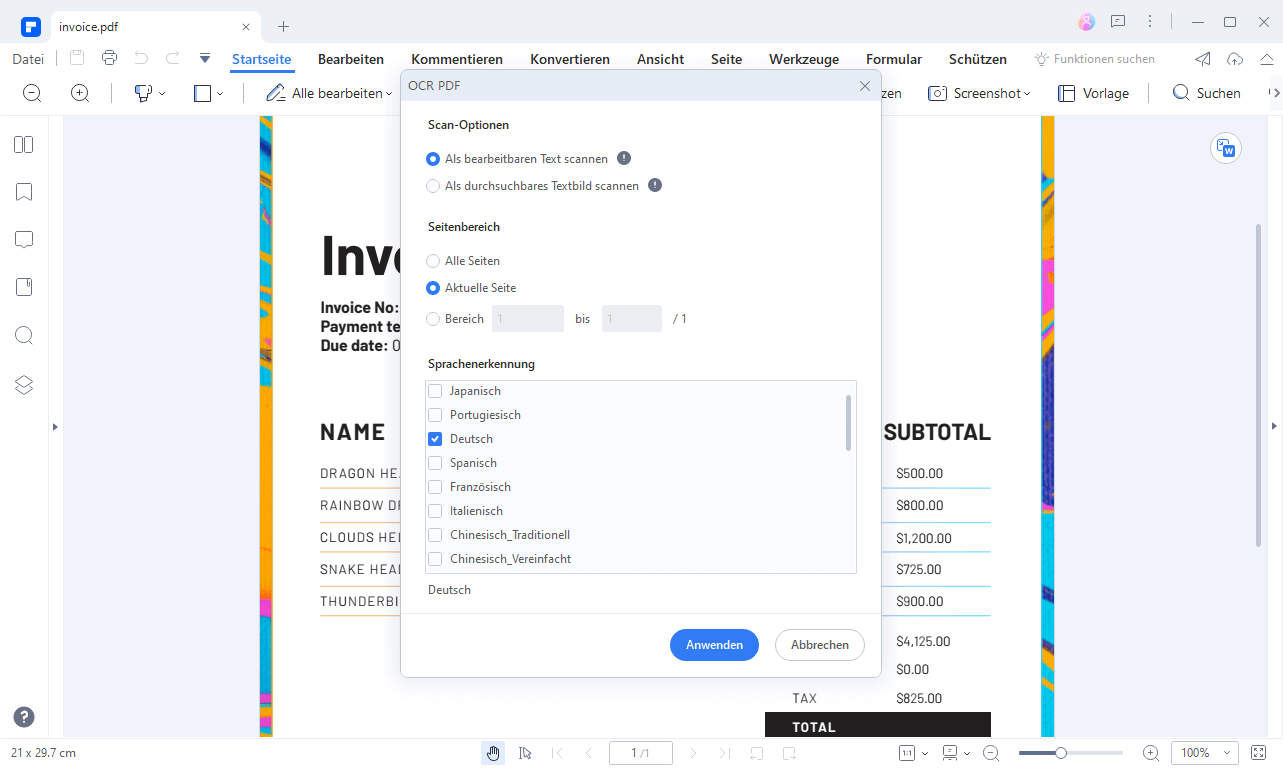 Wählen Sie im OCR Dialogfenster die Option "Als bearbeitbaren Text scannen" und klicken Sie auf "Sprachenerkennung". Wählen Sie eine Sprache für das handschriftliche Material aus, um die OCR durchzuführen. Wenn alles fertig ist, klicken Sie auf Übernehmen.