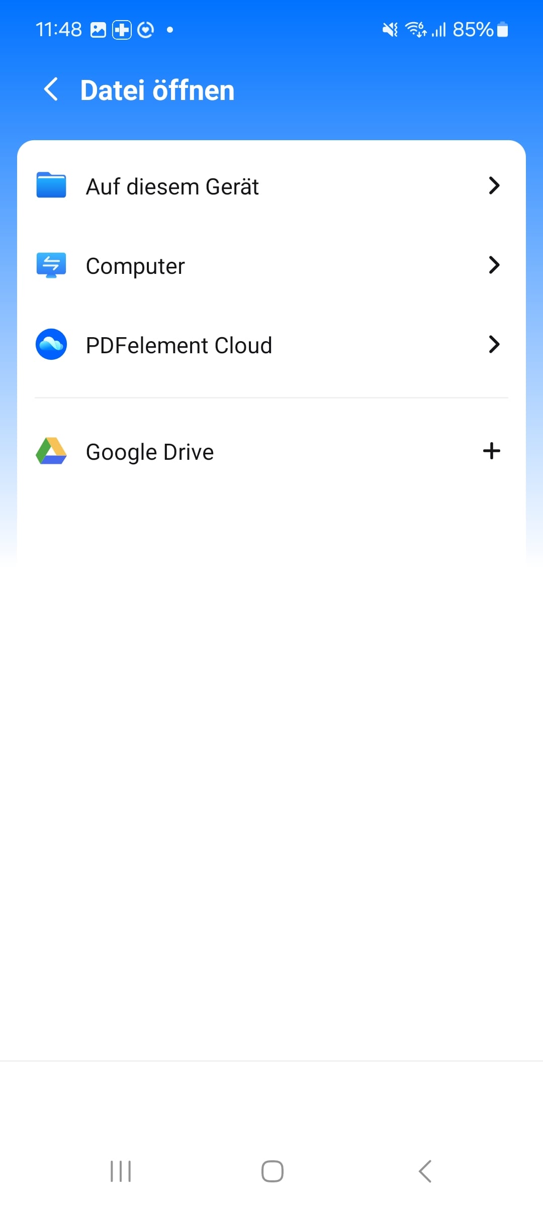 Öffnen Sie die PDFelement-Android-App. Tippen Sie einfach auf "Dateien" > "Auf diesem Gerät". Hier werden die verfügbaren PDFs auf Ihrem Gerät angezeigt. Sie können auch PDF-Dateien aus Google Drive zum Bearbeiten öffnen.