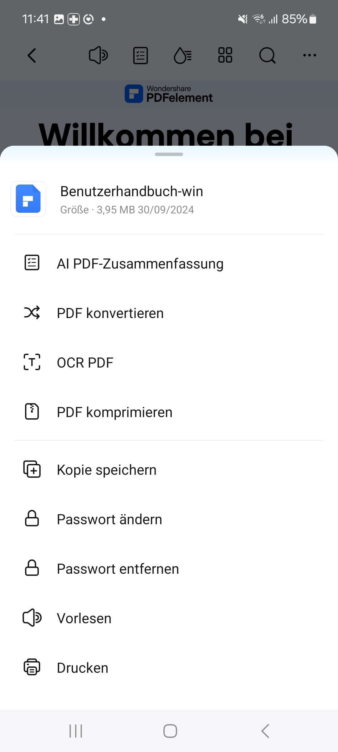 Klicken Sie oben rechts auf das Drei-Punkte-Logo und wählen Sie „PDF konvertieren“. Natürlich können Sie die PDF-Datei vor der Konvertierung bearbeiten.