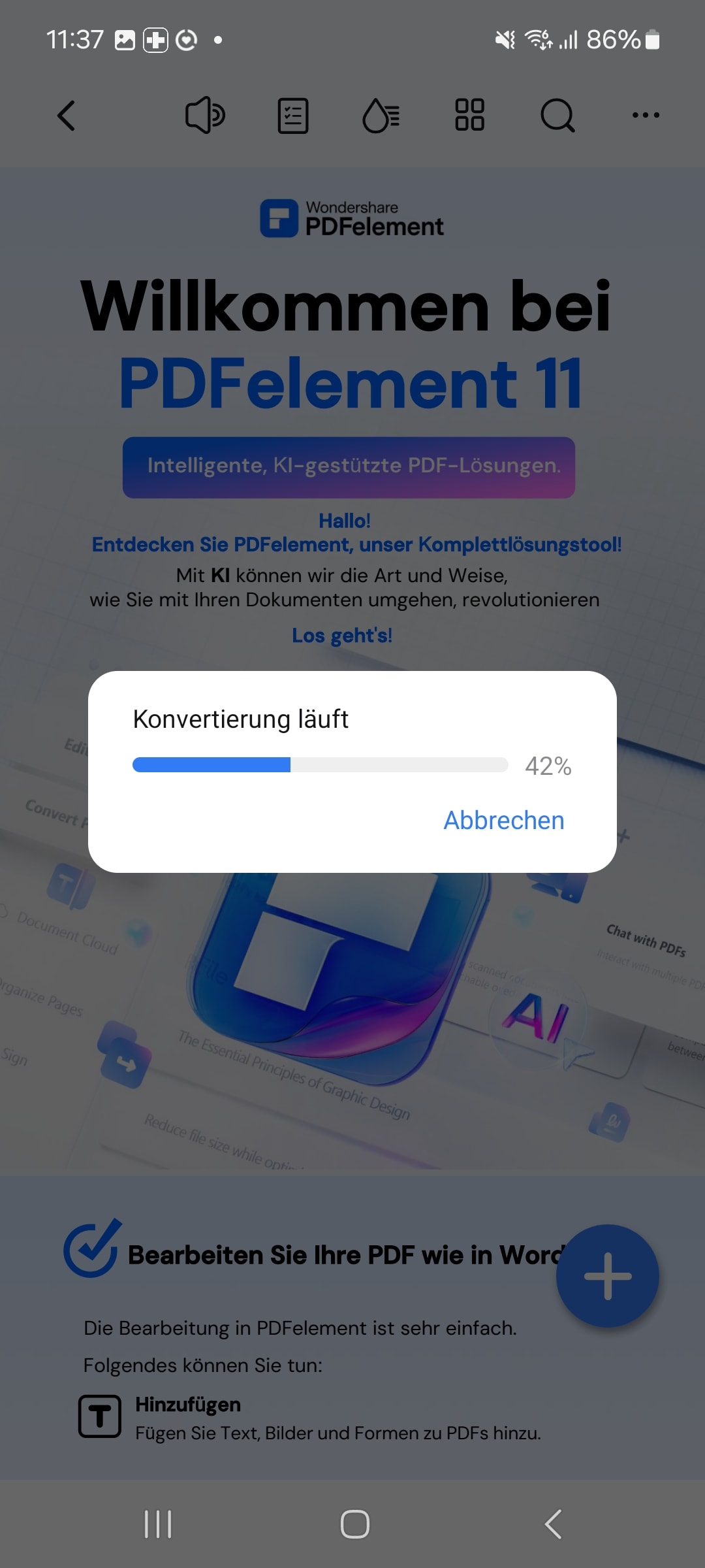 Nach ein paar Sekunden meldet Ihnen PDFelement für Android, dass die Konvertierung abgeschlossen ist.