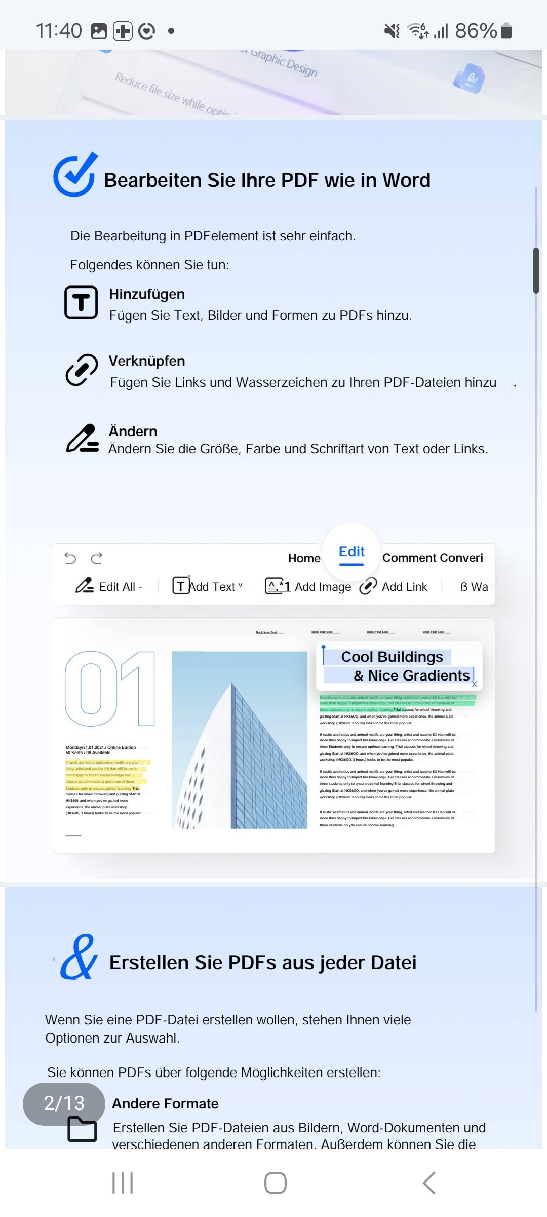 Sobald die PDF-Datei geöffnet ist, können Sie sie lesen, indem Sie auf den Bildschirm tippen oder den Scrollbalken verwenden, um durch die Seiten zu navigieren.