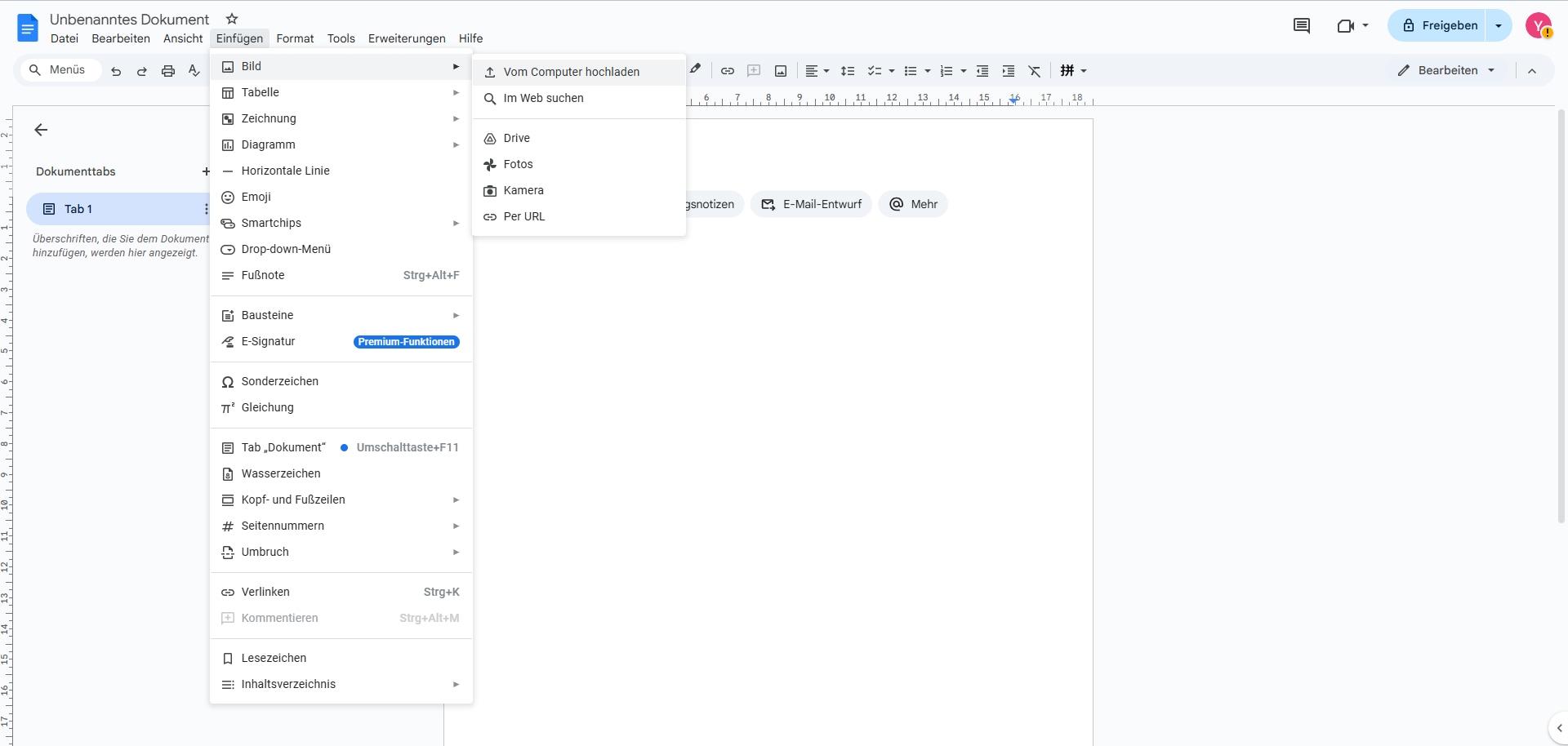 Öffnen Sie das Google Docs, an das Sie die Datei anhängen möchten. Platzieren Sie den Cursor an der Stelle, an der Sie die PDF-Datei einfügen möchten und gehen Sie dann zu "Einfügen" und wählen Sie "Bild", um "Vom Computer hochladen" auszuwählen.