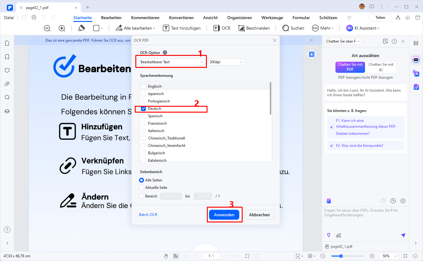 Konfigurieren Sie dann die OCR-Einstellungen. Sie können "In bearbeitbaren Text scannen" wählen. Ändern Sie den Seitenbereich nach Bedarf. Wählen Sie die Sprache des Dokuments aus einer Reihe von Möglichkeiten aus. Wenn Sie fertig sind, klicken Sie auf Anwenden, um zu exportieren.