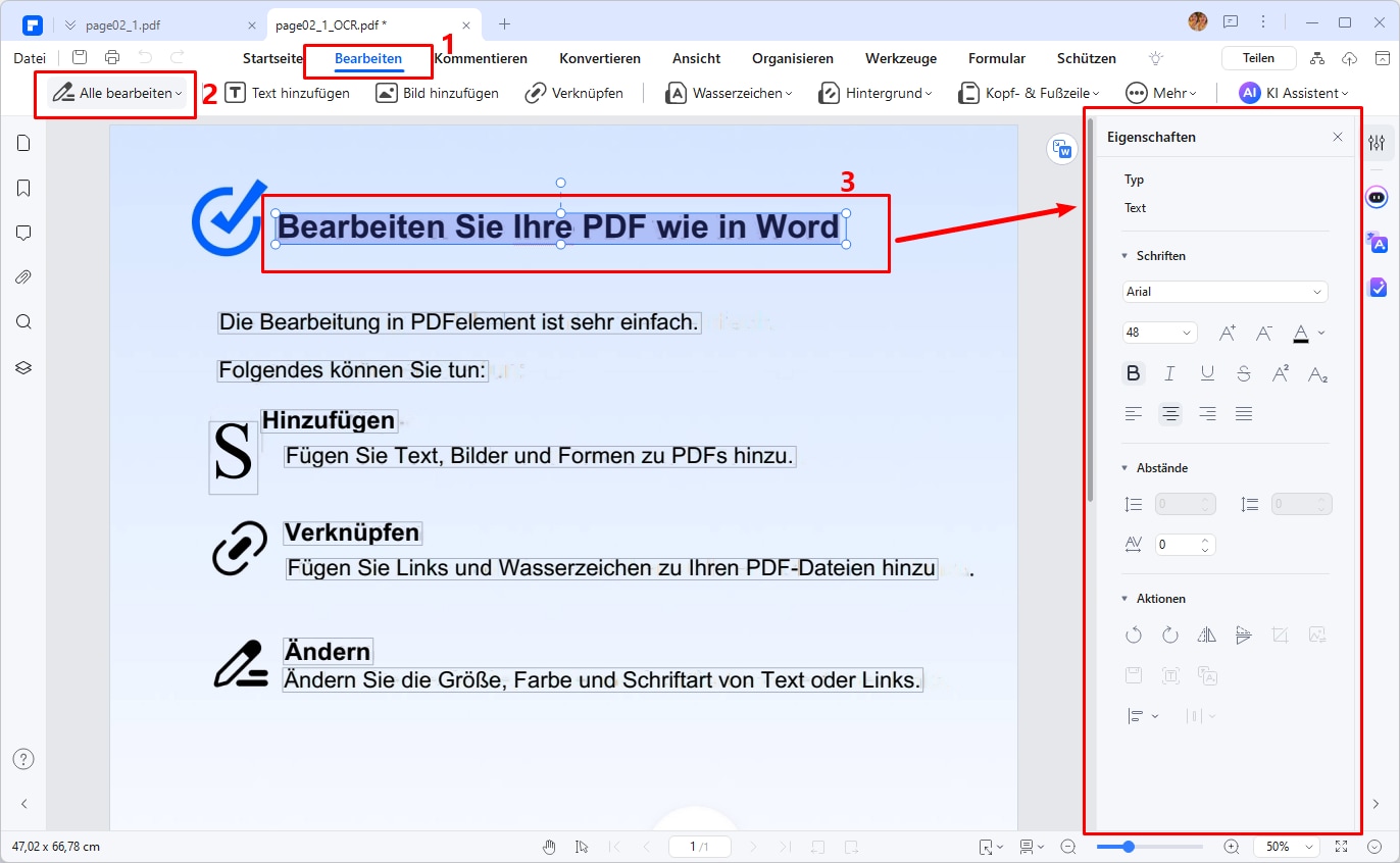 Klicken Sie auf „Anwenden“ und warten Sie einige Sekunden, bis PDFelement die Datei scannt. Jetzt können Sie den Textinhalt auswählen, den Sie bearbeiten möchten, um mit der Bearbeitung des Inhalts, des Schriftstils usw. zu beginnen.