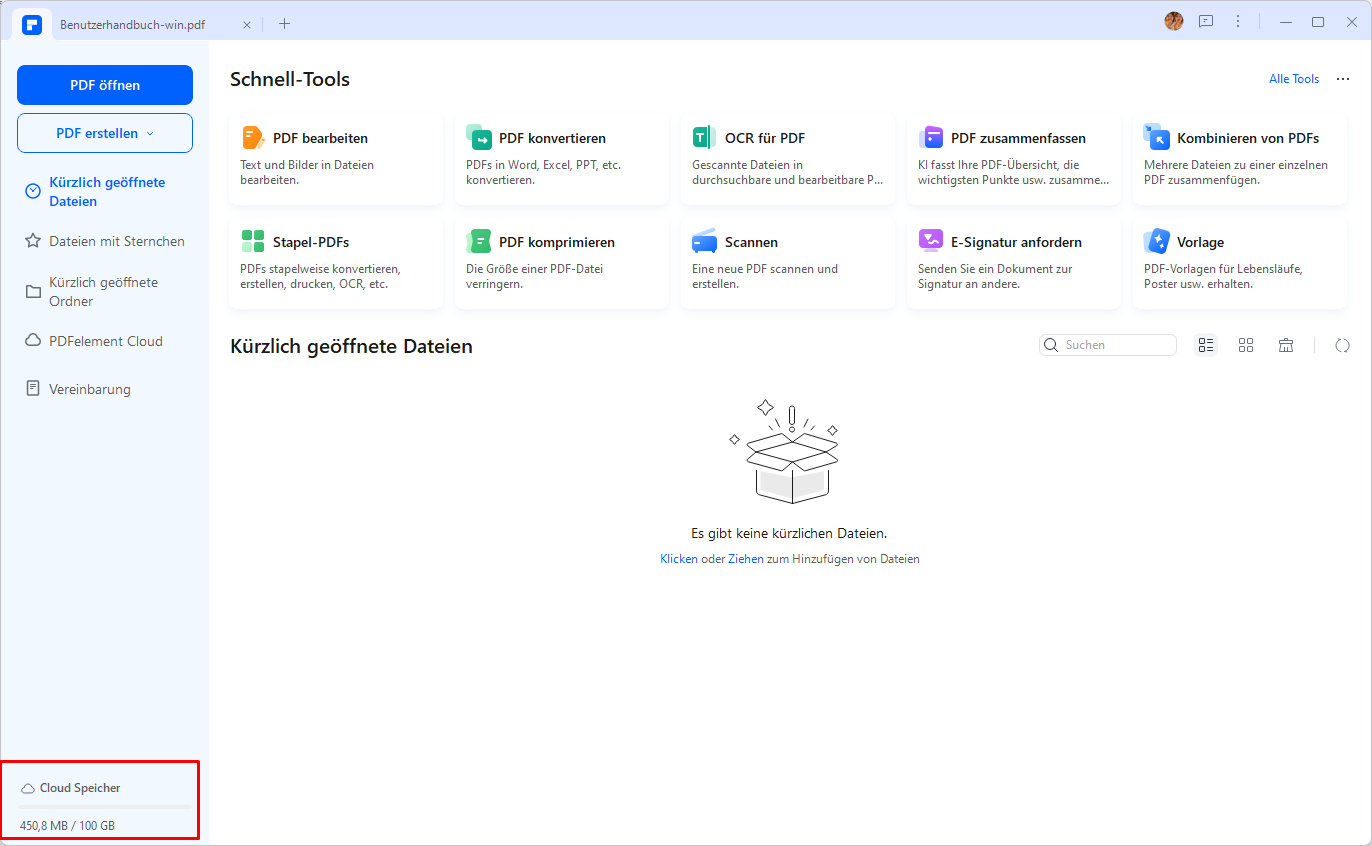 Wenn Sie eine PDF-Datei an eine URL hochladen möchten, die angezeigt und heruntergeladen werden kann, können Sie über „Cloud Speicher“ in der linken Ecke der Benutzeroberfläche auf die PDFelement-Cloud von PDFelement klicken.