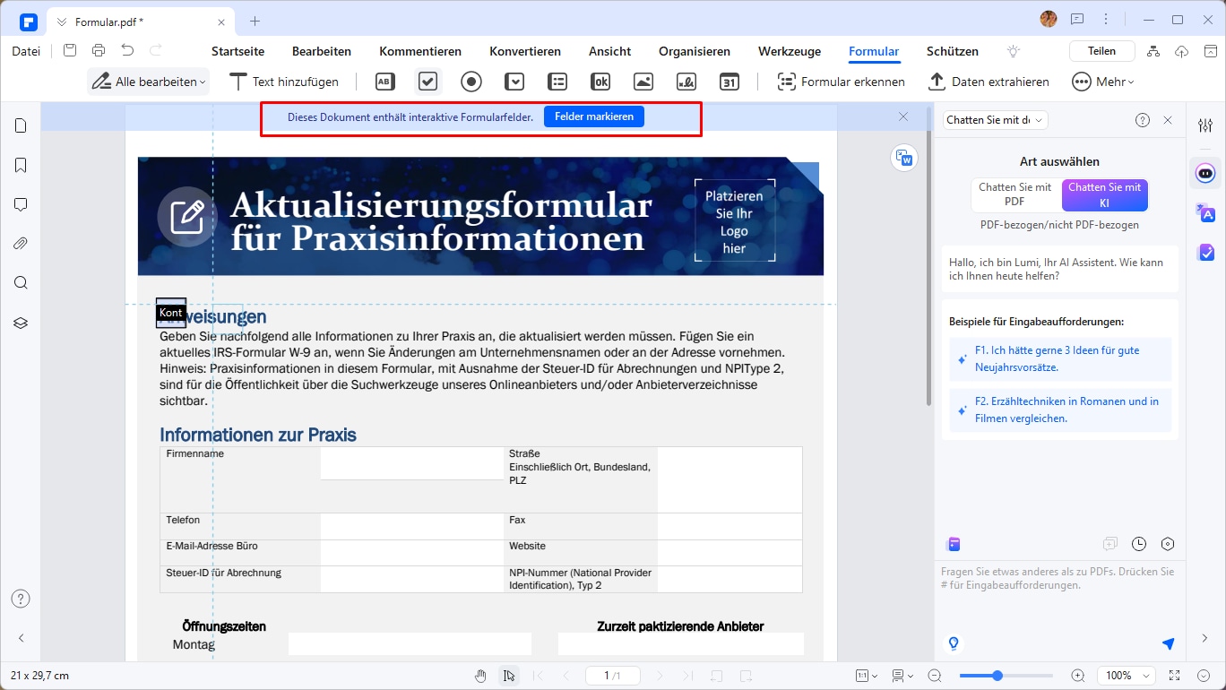 Wenn es sich um ein ausfüllbares Formular handelt, öffnen Sie es einfach mit PDFelement und beginnen Sie mit dem Ausfüllen. Mit PDFelement können Sie ein PDF-Formular bei Bedarf auch kombinieren, löschen oder aufteilen.