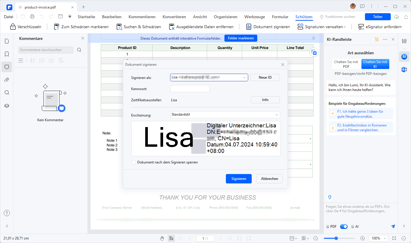 Jetzt können Sie Ihr Passwort eingeben, um die PDF-Datei zu unterschreiben. Darüber hinaus können Sie bei Bedarf auch auf „Dokument nach dem Signieren sperren“ klicken, um Ihr PDF-Dokument zu schützen. Tippen Sie danach auf die Option „Signieren“ und im Popup-Fenster „Speichern unter“ können Sie die signierte Datei speichern. Abschließend wird die digitale Unterschrift in dieses Dokument eingefügt.