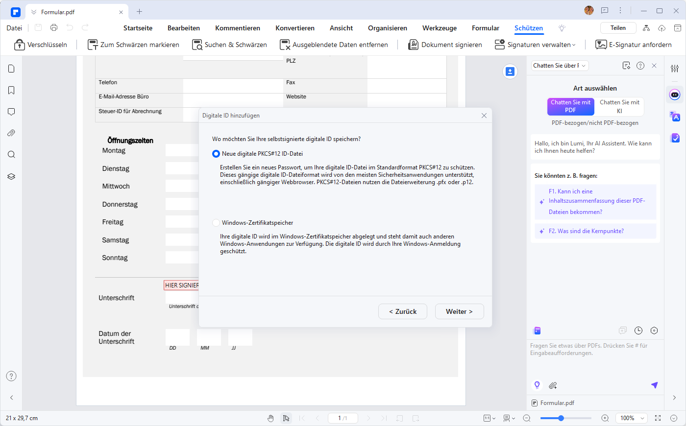 Schritt 2 (Optional) Es gibt zwei Möglichkeiten, Ihre selbstsignierte digitale ID zu erstellen. Wählen Sie "Neue digitale PKCS# 12 ID-Datei" oder "Windows-Zertifikatspeicher", um Ihre digitale ID zu speichern. Klicken Sie auf Weiter, um fortzufahren.