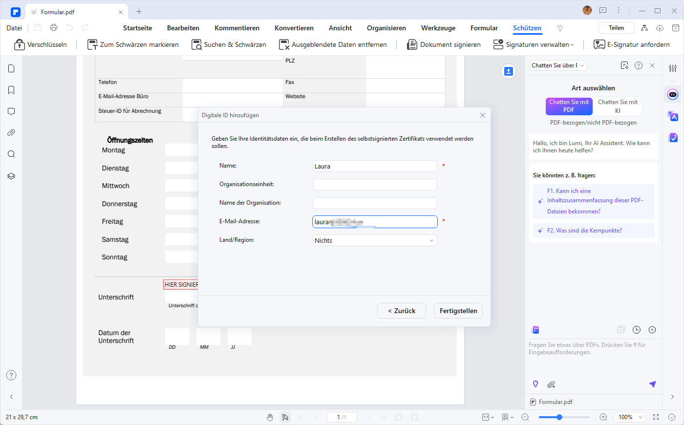 Schritt 3 (Optional) Geben Sie Ihre Informationen ein, um Ihr einzigartiges selbstsigniertes Zertifikat zu generieren. Klicken Sie auf Weiter, um Ihren Namen und Ihre E-Mail-Adresse zum Speichern Ihrer neuen digitalen ID festzulegen. Klicken Sie auf Fertig stellen, um mit dem Signieren des geschützten PDF-Dokuments zu beginnen.