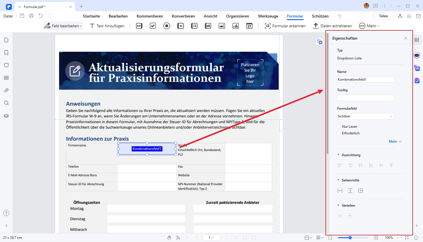 Ändern Sie die Eigenschaften, indem Sie auf das Listenfeld doppelklicken, um ein Dialogfeld zu öffnen.