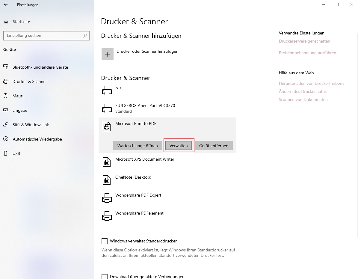 Wenn Sie ein Windows 10-System verwenden, klicken Sie bitte unter Microsoft Print to PDF auf „Verwalten“