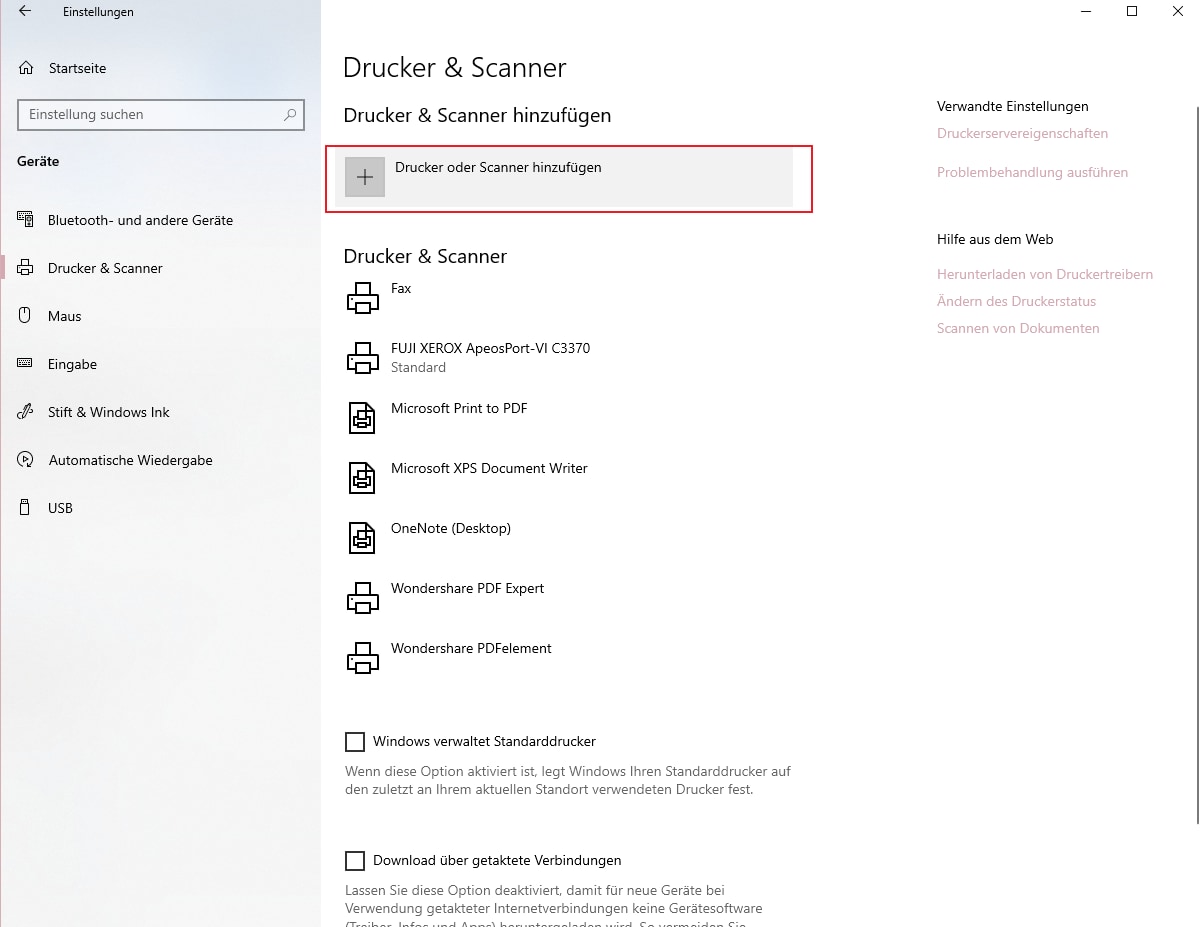Wählen Sie "Drucker oder Scanner hinzufügen" aus.