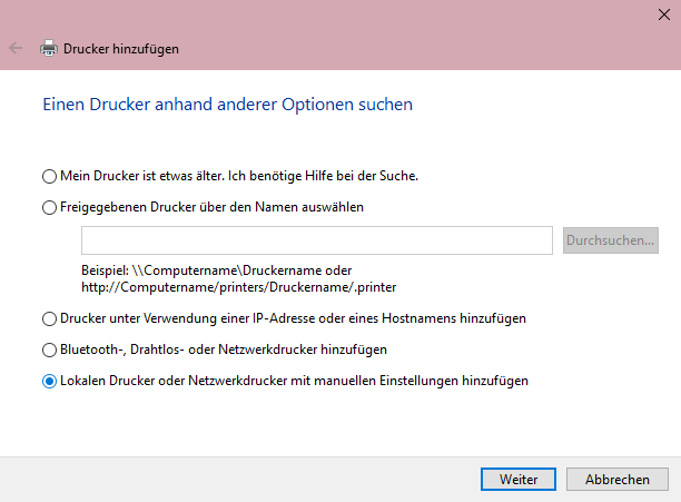 Wählen Sie "Lokaler Drucker oder Netzwerkdrucker manuell hinzufügen" aus.