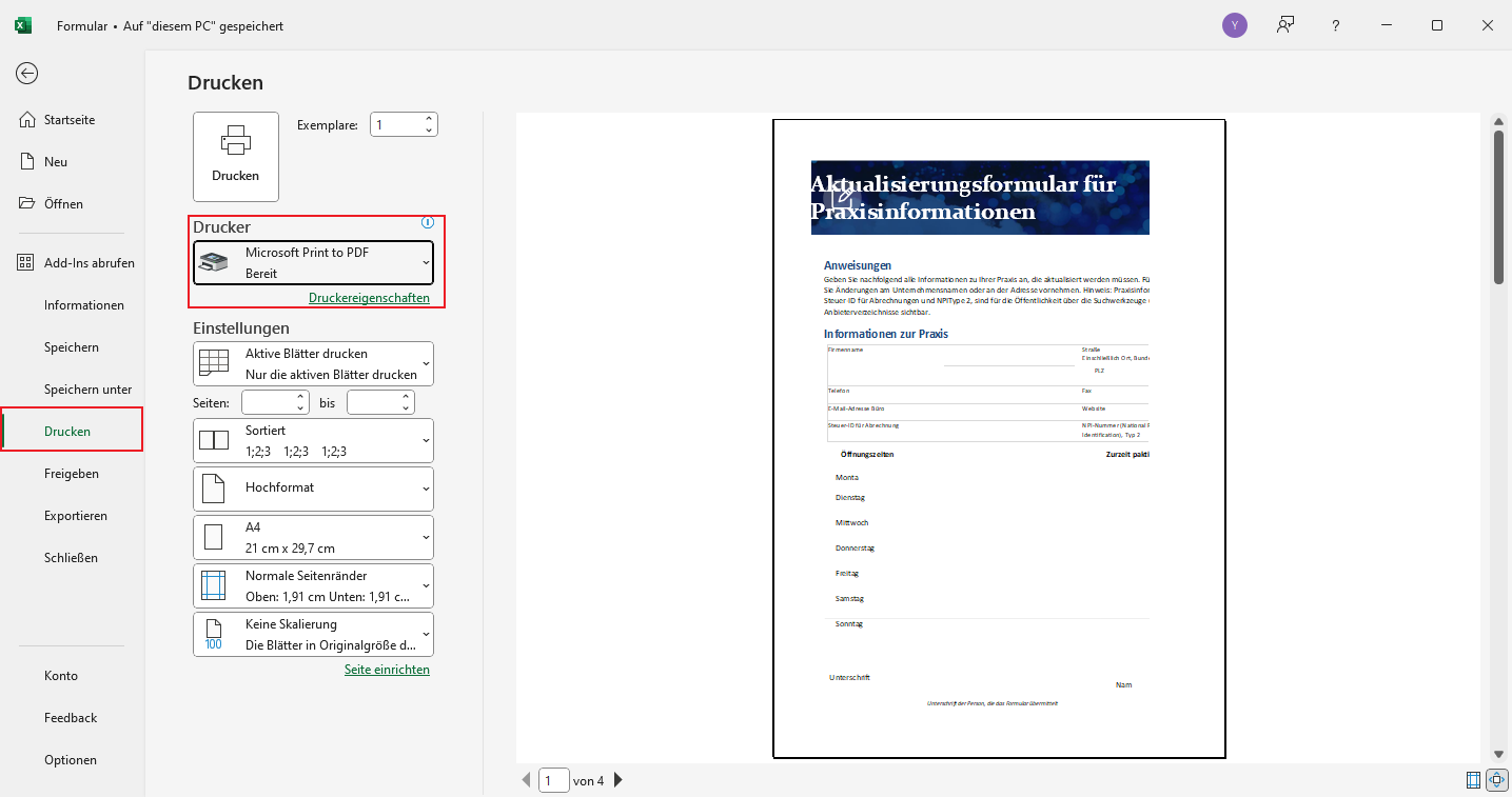 Wählen Sie "Microsoft Print to PDF" als Drucker aus und klicken Sie auf "Drucken".