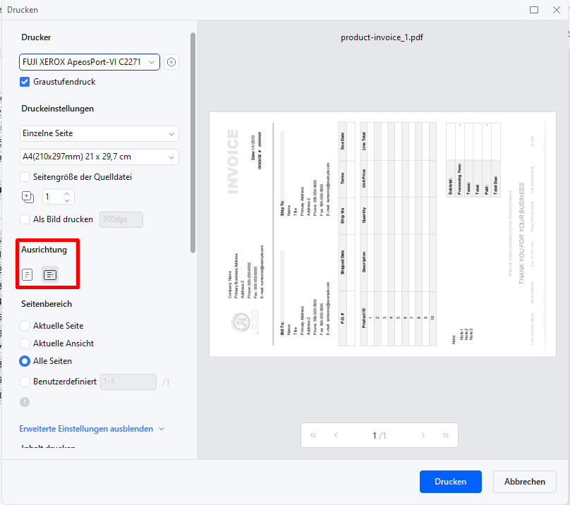 Standardmäßig erstellt PDFelement PDFs im Hochformat. Um die Seitenausrichtung auf Querformat zu ändern, klicken Sie auf die Drucken Schaltfläche. Stellen Sie im Popup-Fenster sicher, dass Wondershare PDFelement der Drucker ist und ändern Sie die Ausrichtung auf Querformat. Klicken Sie auf die Drucken Schaltfläche.