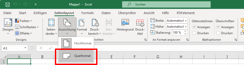 Excel ist standardmäßig auf Hochformat eingestellt. Wenn Sie zu viele Spalten haben, können Sie das Format auf Querformat ändern. Sie müssen nur auf "Ausrichtung" klicken und eine der zur Verfügung stehenden Optionen auswählen.