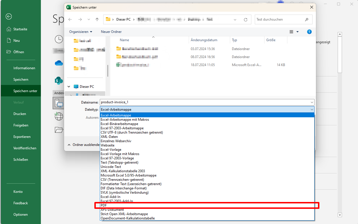 Sie können Excel im Querformat über Microsoft Excel in PDF umwandeln. Die erste Möglichkeit ist, sie direkt als PDF-Datei zu speichern. Dazu müssen Sie auf "Datei" und dann auf "Speichern unter" klicken. Vergewissern Sie sich, dass Sie unter dem "Dateityp" Dropdown-Menü die PDF Option auswählen. Wenn Sie fertig sind, klicken Sie auf "Speichern".