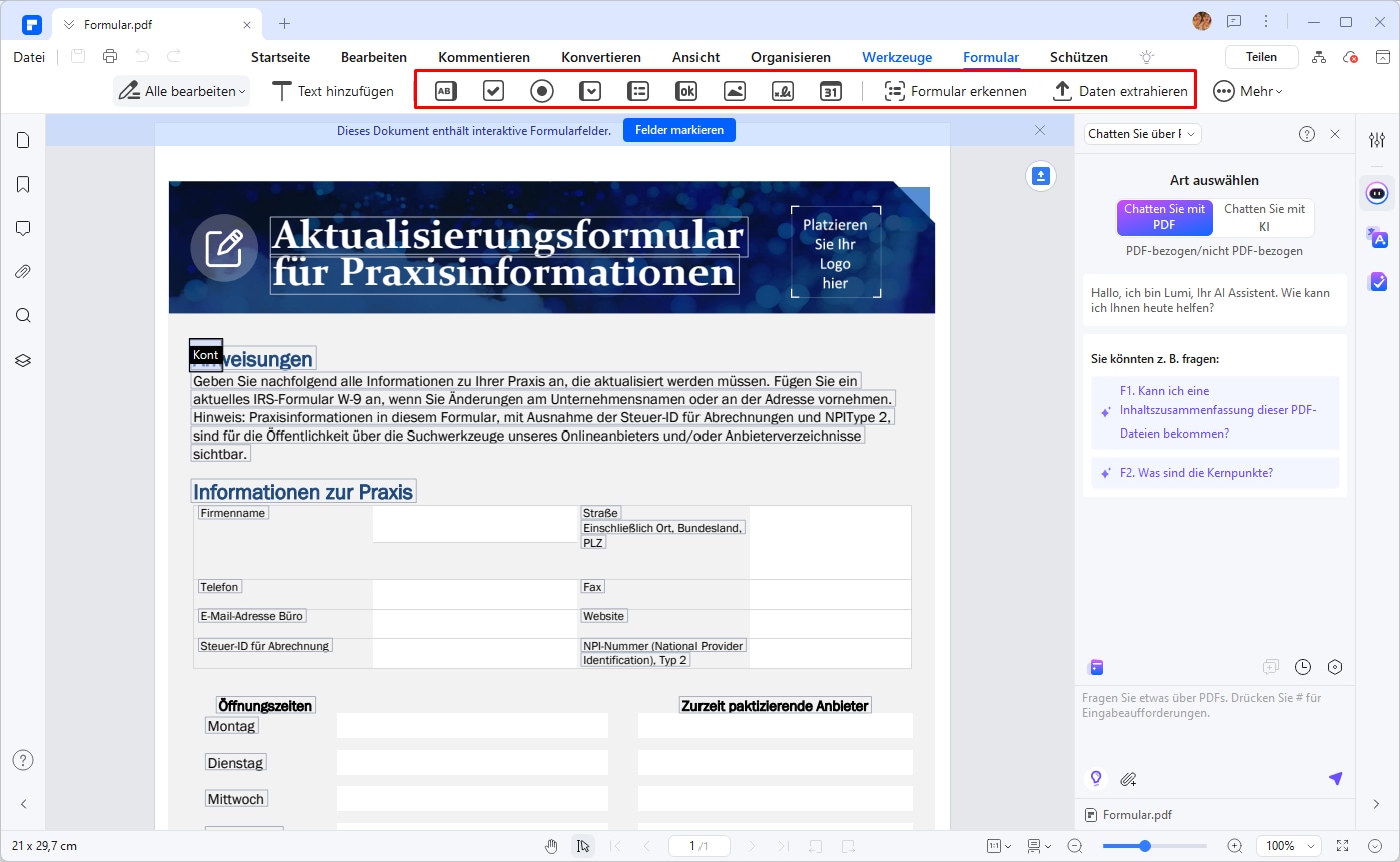 Gehen Sie zur Registerkarte „Formular“. Dort gibt es verschiedene Arten von Formularsteuerelementen, mit denen Sie das gewünschte ausfüllbare PDF-Formular erstellen können, z. B. „Textfeld“, „Kontrollkästchen“, „Optionsfeld“, „Kombinationsfeld“ und „Bild“. ,“ usw. Wählen Sie das benötigte Formularsteuerelement aus und ziehen Sie es zur Bearbeitung an die richtige Stelle.