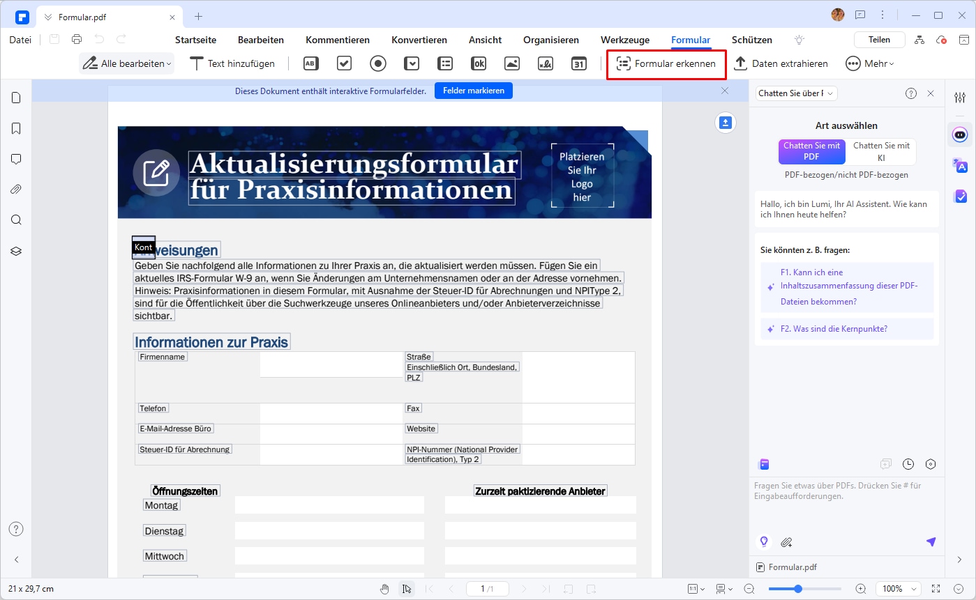  Um eines dieser konvertierten PDF-Formulare auszufüllen, öffnen Sie es mit PDFelement, gehen Sie dann zur Registerkarte „Formular“ und klicken Sie auf „Formular erkennen“. 