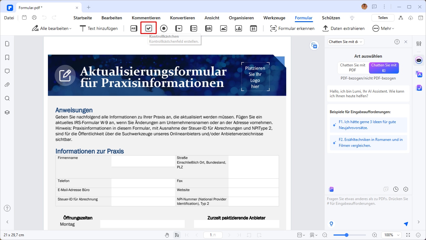 Navigieren Sie danach zu dem Textfeld, dem Sie ein Kontrollkästchen hinzufügen möchten. Klicken Sie anschließend im Formatierungsmenü auf die Option "Kontrollkästchen-Feld". Sobald Sie auf das Textfeld klicken, wird es automatisch hinzugefügt. Tun Sie dies für alle Abschnitte Ihres Formulars, die Sie mit einem Kontrollkästchen versehen möchten.